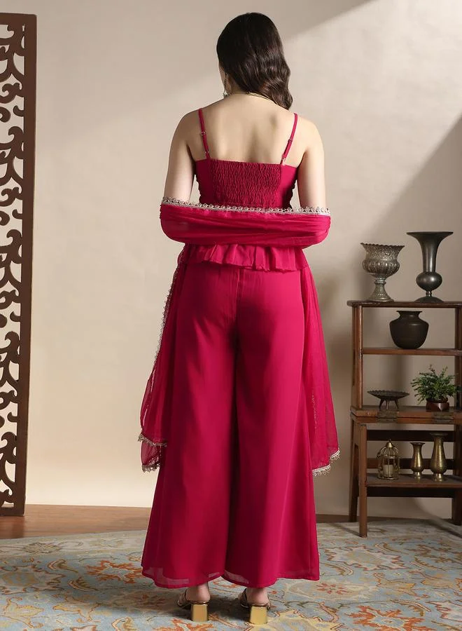 globus Women Sequin Embroidery Peplum Top and Palazzos with Dupatta Festive Co-Ords